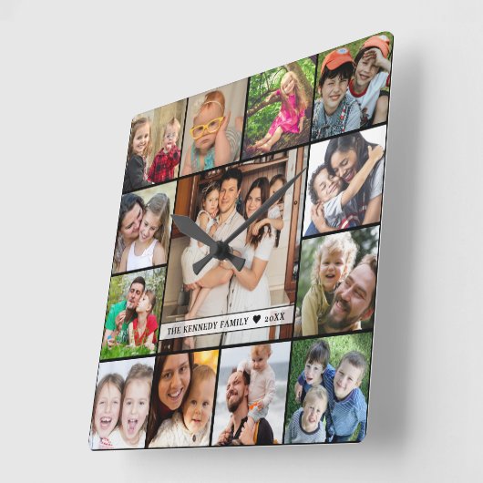 独自の13フォトコラージファミリー名を作成する スクエア壁時計 (傾斜)