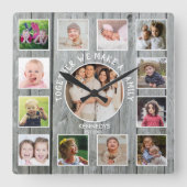 独自の13フォトコラージュグレーウッ素朴ドを作成 スクエア壁時計 (正面)