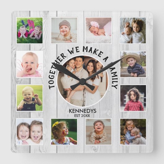 独自の13フォトコラージュ引用文白木を作成 スクエア壁時計 (正面)