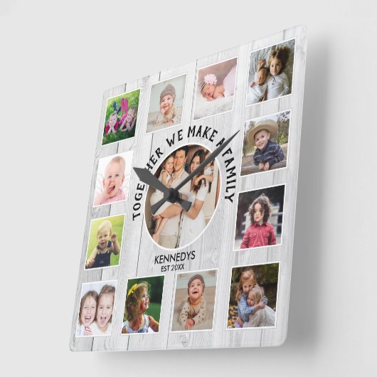 独自の13フォトコラージュ引用文白木を作成 スクエア壁時計 (傾斜)