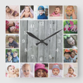独自の16フォトコラージグレイ素朴ウッドを作成 スクエア壁時計 (正面)