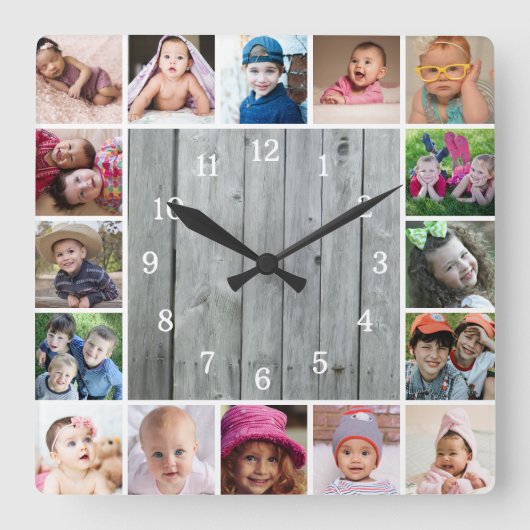 独自の16フォトコラージグレイ素朴ウッドを作成 スクエア壁時計 (正面)