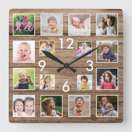 独自の16家族のフォトコラージュ木材を作成 スクエア壁時計 (正面)