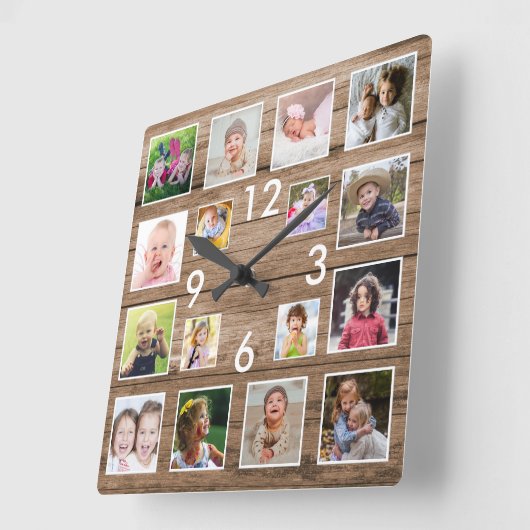 独自の16家族のフォトコラージュ木材を作成 スクエア壁時計 (傾斜)