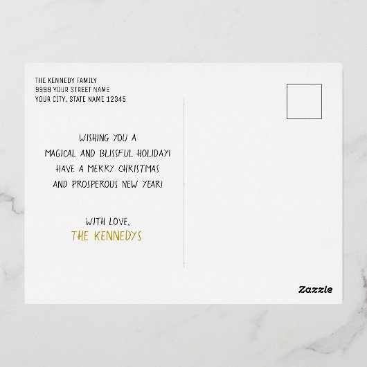 独自の2枚のフォトベビー初めてのクリスマスの作成 箔シーズンポストカード (裏面)