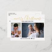 独自の2枚のフォトベビー初めてのクリスマスの作成 箔シーズンポストカード (正面/裏面)