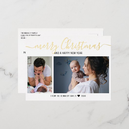 独自の2枚のフォトベビー初めてのクリスマスの作成 箔シーズンポストカード (正面/裏面)