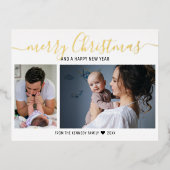 独自の2枚のフォトベビー初めてのクリスマスの作成 箔シーズンポストカード (正面)