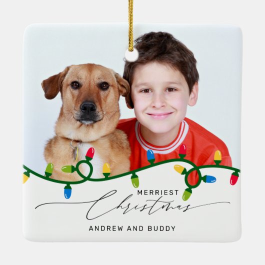 独自の2枚の写真を追加するフェスティバルライトのカスタムクリスマス セラミックオーナメント (裏面)