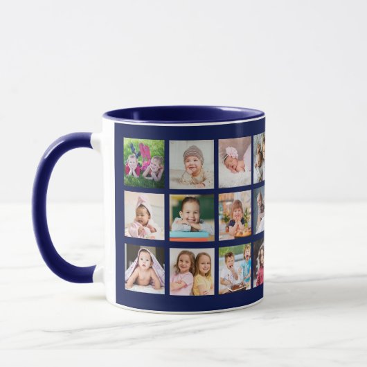 独自の22フォトコラージュの家族の名前を青で作成 マグカップ (左)