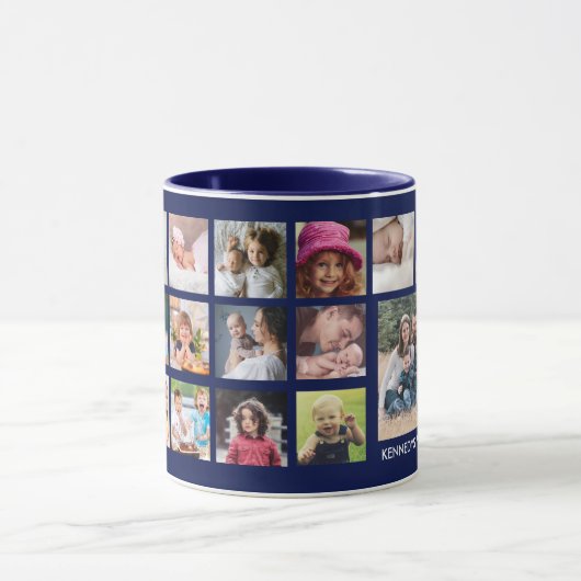 独自の22フォトコラージュの家族の名前を青で作成 マグカップ (中央)