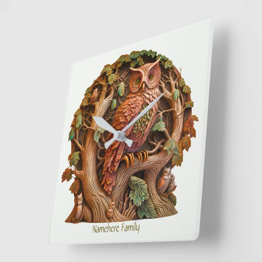 独自の3Dボイズ彫りフェイクウッドフクロウを作成 スクエア壁時計 (傾斜)