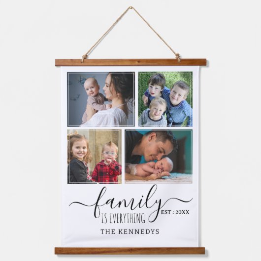 独自の4つのフォトコラージファミリ引用文名を作成 吊り下げ型タペストリー (正面)