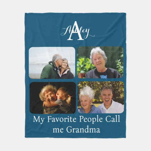 独自の4つのフォトコラージュを作成する祖母モノクロ フリースブランケット (正面)