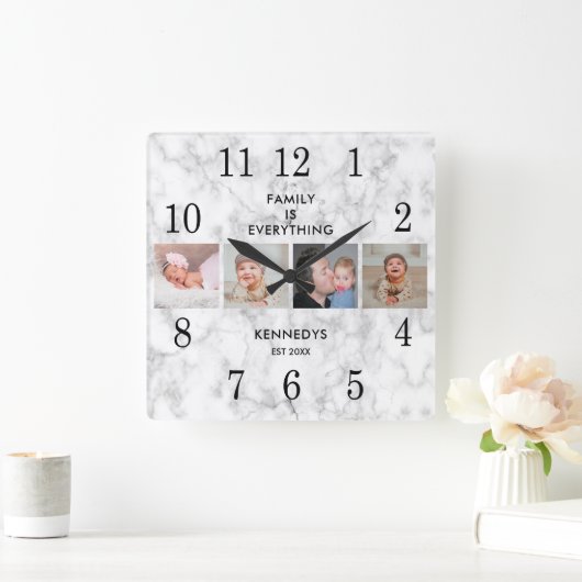 独自の4ファミリフォトコラージュ大理石を作成 スクエア壁時計 (ホーム)