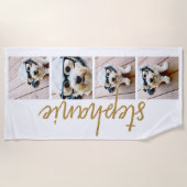 独自の4フォトコラージスクリプト名金ゴールドの作成 ビーチタオル (正面)