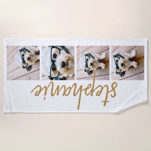 独自の4フォトコラージスクリプト名金ゴールドの作成 ビーチタオル (正面)