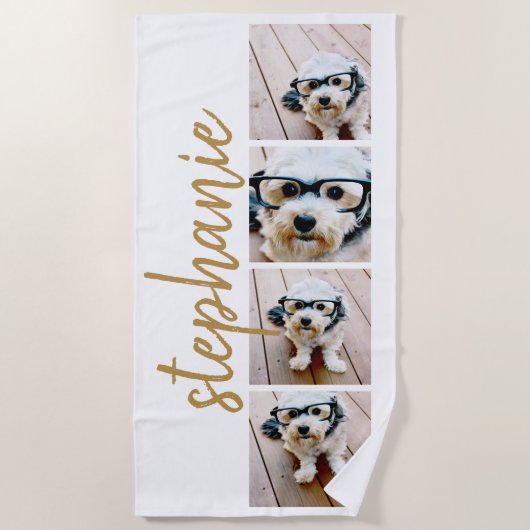 独自の4フォトコラージスクリプト名金ゴールドの作成 ビーチタオル (正面)