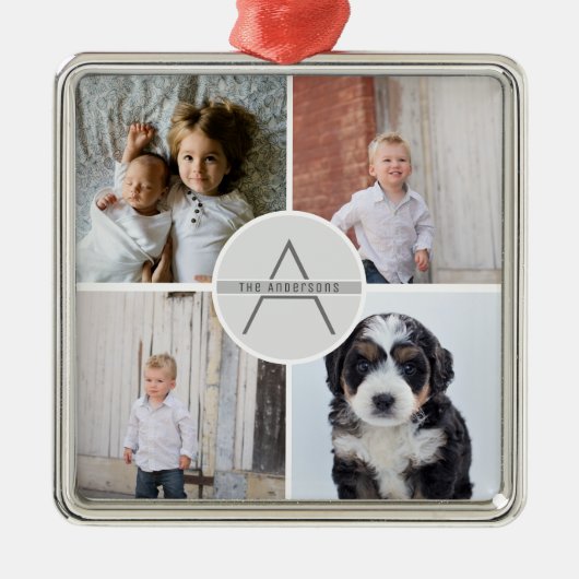 独自の4フォトコラージファミリーモノグラムを作成 メタルオーナメント (正面)