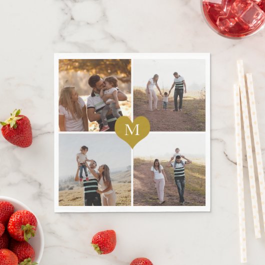 独自の4家族の写真金ゴールドハートを追加モノグラムの スタンダードランチョンナプキン (インサイチュ)