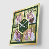 独自の4枚のフォトコラージュの作成緑と金ゴールド スクエア壁時計 (傾斜)