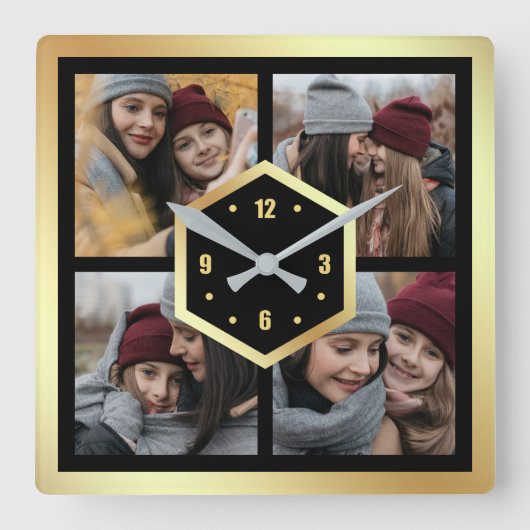 独自の4枚のフォトコラージュを作成し、黒と金ゴールド スクエア壁時計 (正面)
