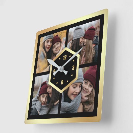 独自の4枚のフォトコラージュを作成し、黒と金ゴールド スクエア壁時計 (傾斜)