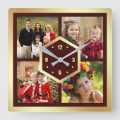 独自の4枚の写真集バーガンディと金ゴールド スクエア壁時計 (正面)