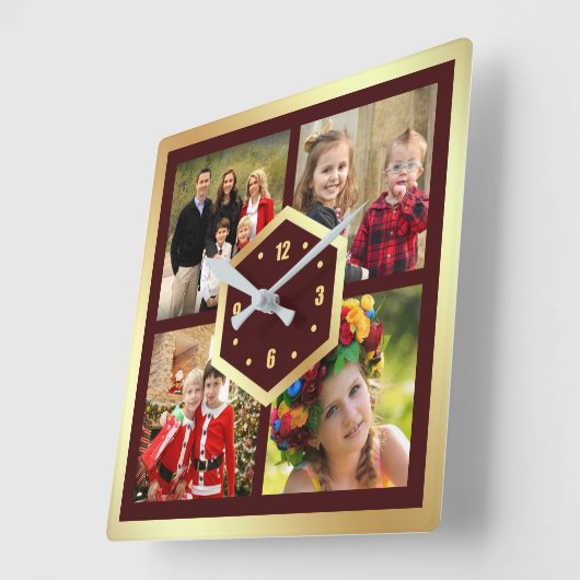 独自の4枚の写真集バーガンディと金ゴールド スクエア壁時計 (傾斜)
