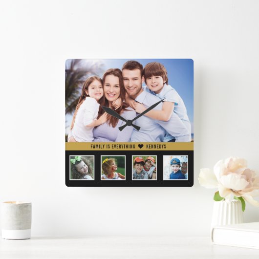 独自の5フォトコラージファミリー引用文の作成 スクエア壁時計 (ホーム)