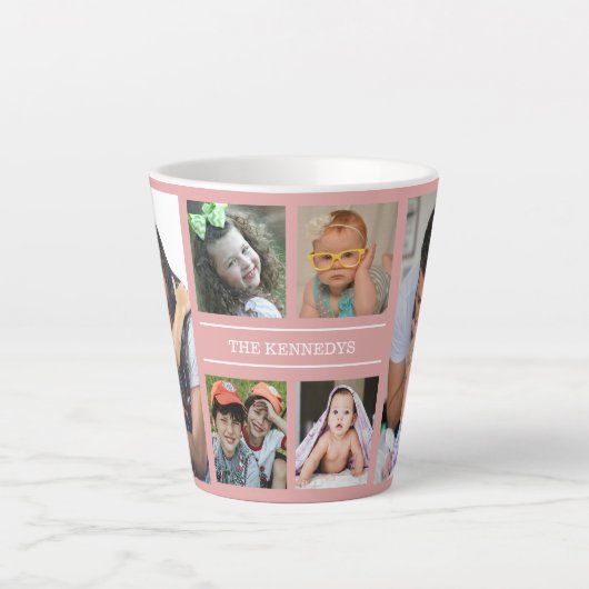 独自の6つのフォトコラージュの家族の名前をピンク色に作成 カフェラテマグ (正面)