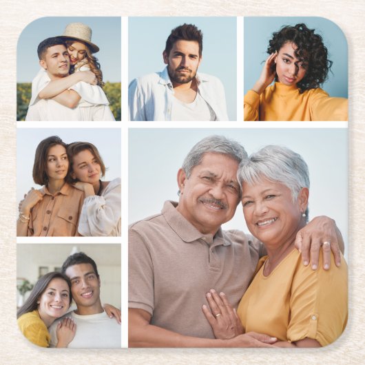 独自の6フォトコラージュ編集可能カラーを作成 スクエアペーパーコースター (正面)