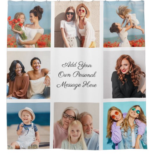 独自の8つのフォトコラージュを作成するあいさつ文を追加 シャワーカーテン (正面)