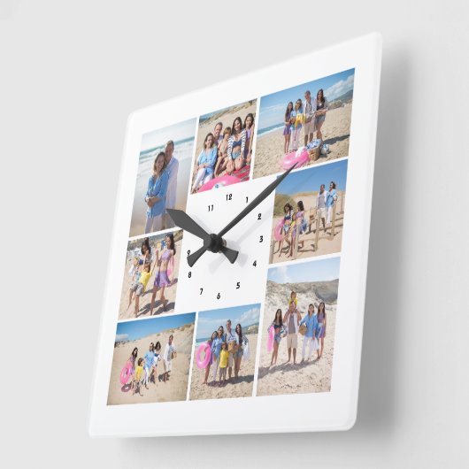 独自の8つのフォトコラージュを作成パーソナライズされた スクエア壁時計 (傾斜)