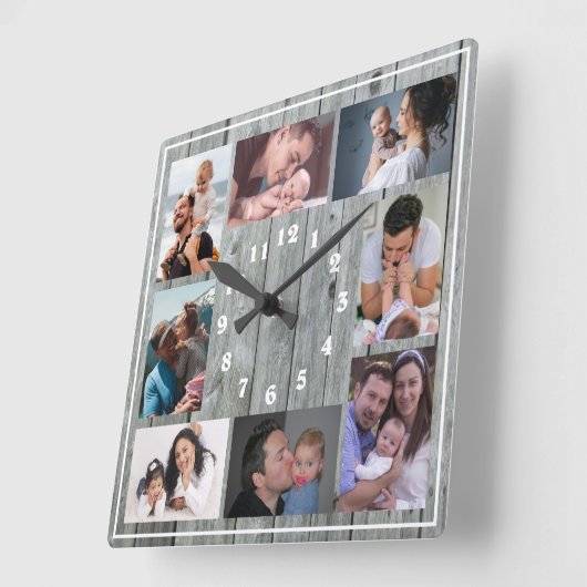 独自の8フォトコラージファミリーグレーの木材を作成 スクエア壁時計 (傾斜)