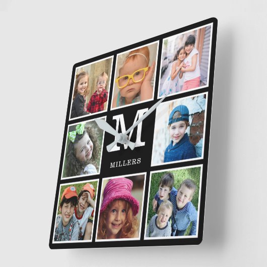 独自の8フォトコラージファミリーモノグラムを作成 スクエア壁時計 (傾斜)