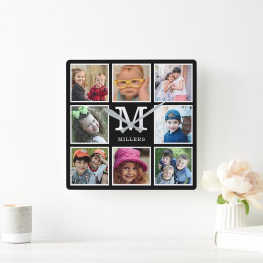 独自の8フォトコラージファミリーモノグラムを作成 スクエア壁時計 (ホーム)