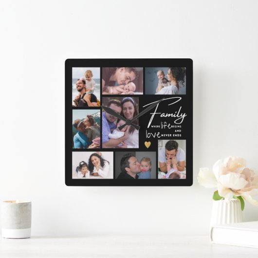 独自の8フォトコラージファミリー引用文の作成 スクエア壁時計 (ホーム)