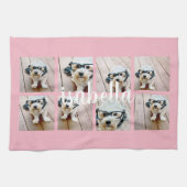 独自の8フォトコラージュ名前をカスタムするピンクを作成 キッチンタオル (横)