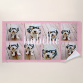 独自の8フォトコラージュ名前をカスタムするピンクを作成 ビーチタオル (正面)