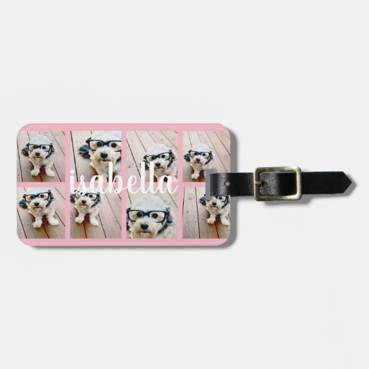 独自の8フォトコラージュ名前をカスタムするピンクを作成 ラゲッジタグ (正面横)