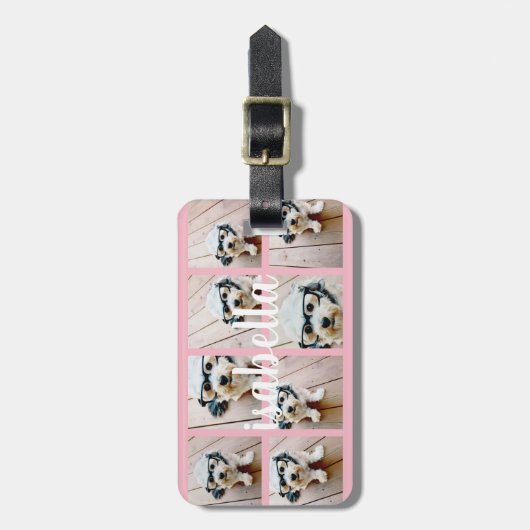 独自の8フォトコラージュ名前をカスタムするピンクを作成 ラゲッジタグ (正面縦)