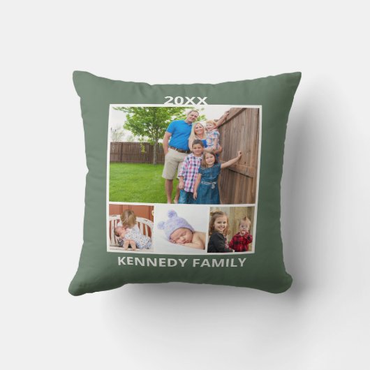 独自の8枚のフォトコラージュファミリ名Greenを作成 クッション (裏面)