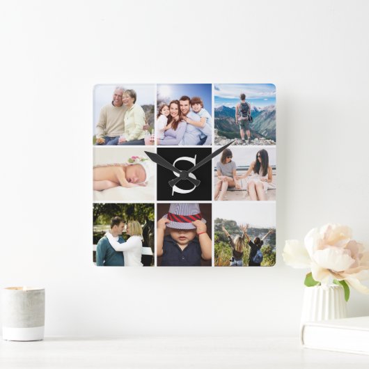 独自の8枚の写真を作成パーソナライズされた スクエア壁時計 (ホーム)