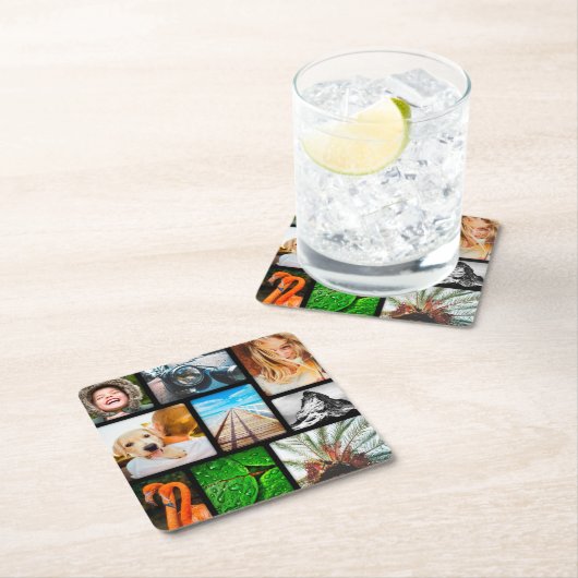 独自の9フォトコラージュ枠の黒 スクエアペーパーコースター (インサイチュ)