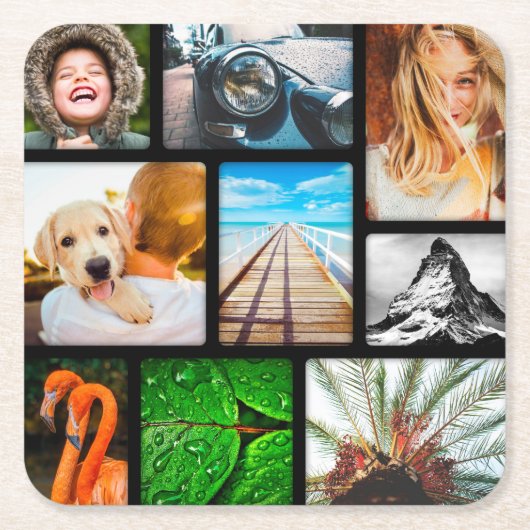 独自の9フォトコラージュ枠の黒 スクエアペーパーコースター (正面)