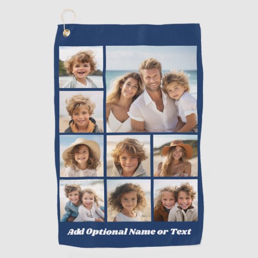 独自の9枚の写真を追加コラージュ – ネイビーを編集できる ゴルフタオル (正面)