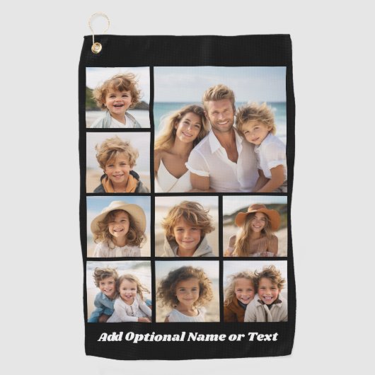 独自の9枚の写真を追加コラージュ – 黒を編集できる ゴルフタオル (正面)