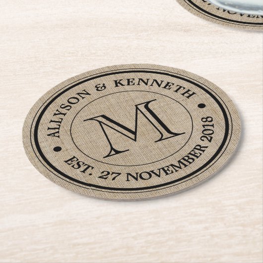 独自のBurlapレトロロゴモノグラムを作成 ラウンドペーパーコースター (アングル)