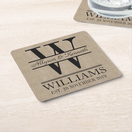 独自のBurlapロゴのアニバーサリーモノグラムの作成 スクエアペーパーコースター (アングル)